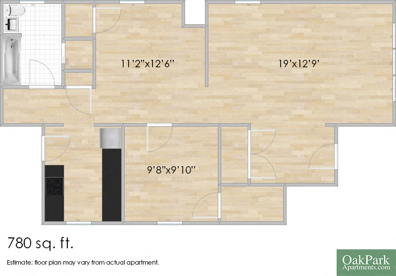 Floor plan for 1 bed, 1 bath, 780 sqft